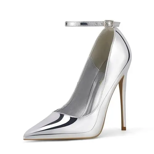 Produktbild: Zhabtuc Damen Pumps: Geschlossene Spitze Zehenpartie mit abnehmbarem Knöchelriemen, Schlupfstiletto mit 12 cm Absatz für Hochzeit, Party und sexy Kleiderschuhe, Silber, 37 EU