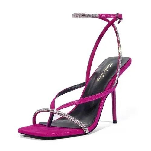 Produktbild: Zhabtuc Damen Sandaletten 10cm High Heels Knöchelriemen mit Glitzersteine Peep Toe Sommerschuhe Bequem Elegnat Pumps, Rosa Wildleder, EU38.5