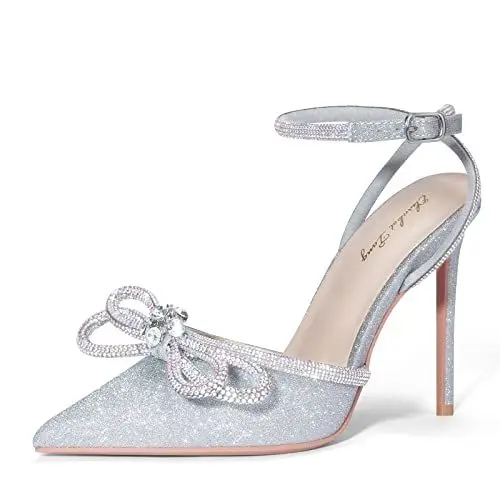 Produktbild: Zhabtuc Damen Stiletto High Heels mit Strass Schleife Sexy Spitz Geschlossen Zehen Bowknot Glitzer Pumps mit Stiletto Absatz Elegante Knöchelriemen Heeled Sandalen für Hochzeit Abendkleid Silber 36EU