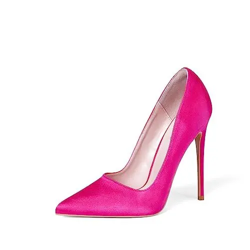 Produktbild: Zhabtuc Pumps Damen Schuhe Elegant und Bequem Damenschuhe Hochzeitsschuhe Stiletto High Heel, 12cm Absatz, Klassische Spitze Satin Außenmaterial,heißes Rosa Satin, 41 EU