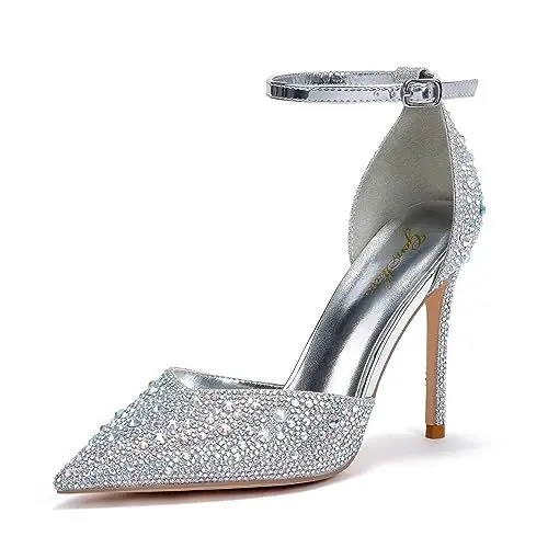 Produktbild: Zhabtuc Silber Strass Pumps für Damen Glitzer Knöchelriemen Stiletto Heels 10 cm/3,94 Inches Funkelnde Spitze Absatzschuhe Party Hochzeit Heels Brautschuhe Glänzende Stöckelschuhe, 39 EU