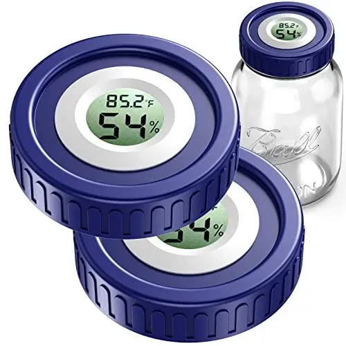 Produktbild: ZHANXUBIO Luftdichter Einmachglas-Deckel, integriertes Hygrometer, Kräuter-Aushärtungs-Monitor, passend für alle Ball-Maurergläser, Feuchtigkeitsdeckel, 2 Stück (normale Öffnung) Blau