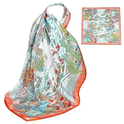 Produktbild: ZhaoCo 100% Natürliche Maulbeerseide Schal, 66x66cm / 26x26 Zoll Seidentuch Grafikdruck Klein Weich Quadratisch Seidenschal für Damen - 015