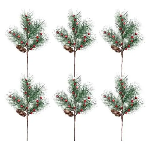 Produktbild: ZHDOKA 6er-Pack Künstliche Rote Beeren-Kiefernstiele, 39,9 cm Weihnachtsbeerenzweige mit Tannenzapfen, Gefälschte Burgunderfarbene Kiefernnadeln für Selbstgemachte