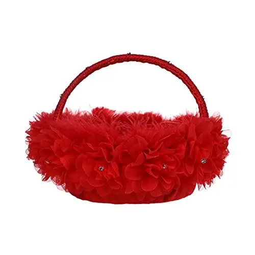 Produktbild: ZHDOKA Hochzeits-Blumenmädchen-Korb mit Straußenflaum und Spitzenblumen, Feder-Blumenkorb mit Griffen, Blütenblatt-Korb, Süßigkeiten-Süßigkeitskorb für Hochzeitszeremonie,(Rot)