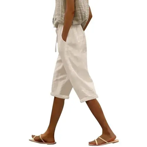 Produktbild: ZHENDEGL Musselin Shorts Damen,Sommerhose Damen Leicht,Sommerhosen,Caprihosen,Damenhosen Sommer,Damenbekleidung,Ökologische Baumwoll-Caprihose,
