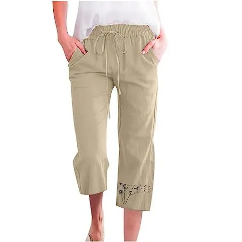 Produktbild: ZHENDEGL Sommerhosen Damen Capri Leinenhose Damen Hippie Kleidung Damen Schlupfhose Damen Kurzgröße Boulderhose Damenhosen Mit Gummibund Plissee Hose Damen Damenhose Weites Bein Sommerhose Strandhose