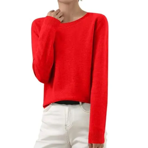 Produktbild: ZHENDEGL Strickpullover Damen Baumwolle,Merinowolle Pullover Rundhalsausschnitt First-Line Ready to Wear Langarm Nahtlosem Strickpullover 01-Rot