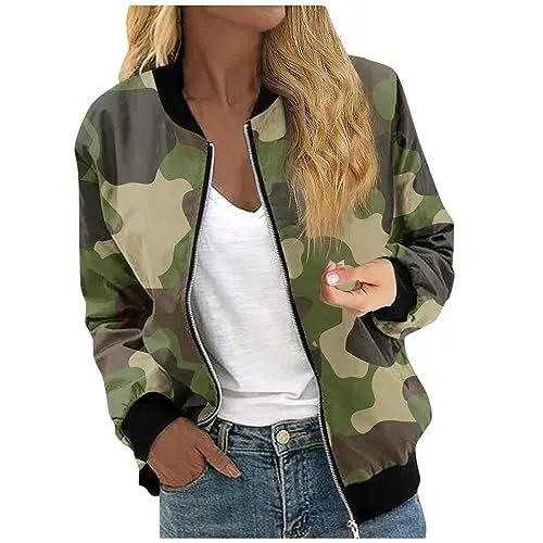 Produktbild: XIADUOBAAN Windjacke Damen Kurz Langarm Bomberjacke Leichte Jacke Damen Sportjacke Kariert Jacket Mit Reissverschluss Fliegerjacke Blouson Jacke Mode Outdoor Jacken Locker Mantel Freizeit Comuflage