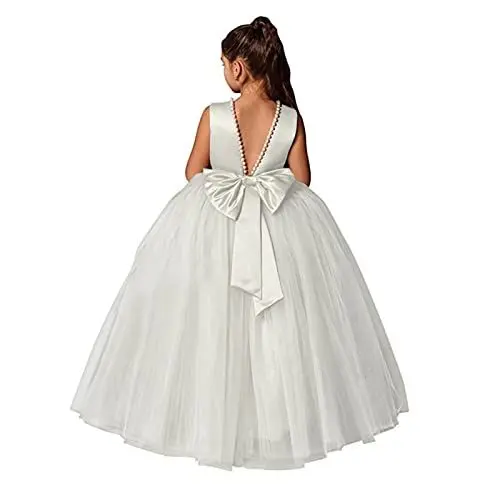 Produktbild: ZHengquan Blumenmädchen Satin Tüll Prinzessin Kleid für Hochzeit Festzug Kleider Kinder Perlen Abschlussball Kleid mit Schleife Knoten, elfenbeinfarben, 8 Jahre