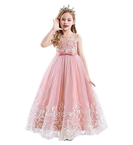 Produktbild: ZHengquan Blumenmädchen Tüll Stickerei Ärmellos Lang A Linie Brautjungfer Festzug Spitze Prinzessin Kleid Abschlussball, hellrosa, 7 Jahre