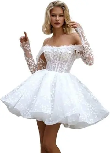 Produktbild: ZHengquan Kurzes Hochzeitskleid für Braut, Blumenspitze, Applikationen, Stickerei, Mini-Abschlussballkleid, Tüll, Mini-Boho-Brautkleider, M, Elfenbeinfarben, 34