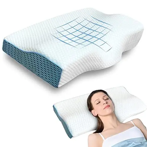 Produktbild: ZHOOGE Memory Foam Kissen, Kopfkissen Nackenkissen Orthopädisches Schlafkissen, Abnehmbares ergonomisches Nackenhörnchen, Entlastet Kopf, Schulter und Nackenschmerzen,Weiß Blau,60 * 34 * 11/6 cm