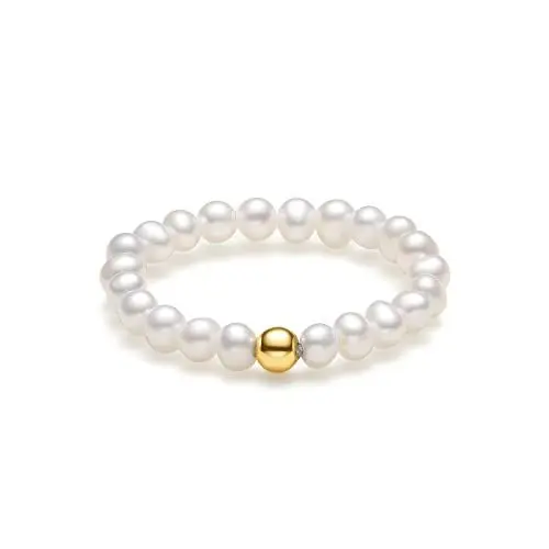Produktbild: Ringe Frauen Ring Damen Perlen Ringe Gold 750 Gelbgold Schmuck Weiß Elastischer Damen-Ring Ovale Süßwasser-Zuchtperlen in ca. 3-3.5 mm Eleganter Ring Geschenke für Damen
