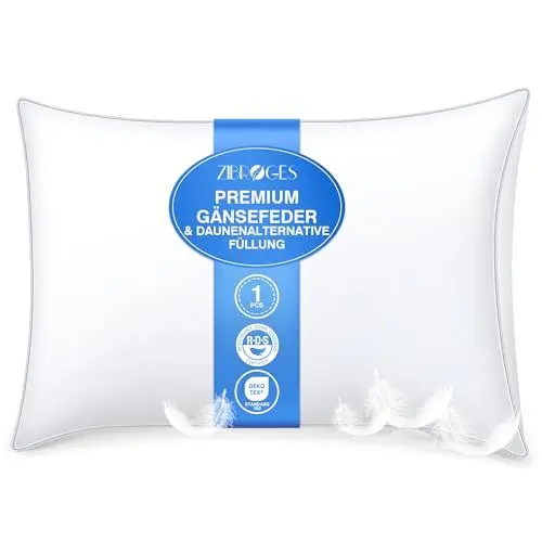Produktbild: Zibroges Deluxe Daunenkissen 40x80cm mit Dreifacher Komfortschicht - Deutsches Design - Hygienisches Federkissen mit 100% Hochwertiger Weicher Füllung, Waschbar und Umweltbewusst