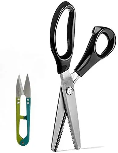Produktbild: Zickzag Schere + Fadenschneider, Professionelle Schneiderschere gesägt und verknotet zum Nähen, Zick-Zack-Schere für Stoff, Stoff, Seide, Papier, Nähen und Basteln, Schwarz 7 mm