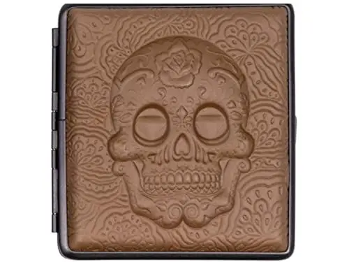 Produktbild: Zigarettenetui Lederoptik Totenkopf Mexican Skull für 20 normale Zigaretten (85mm) mit sicherem Halt durch Gummiband (totenkopf braun)
