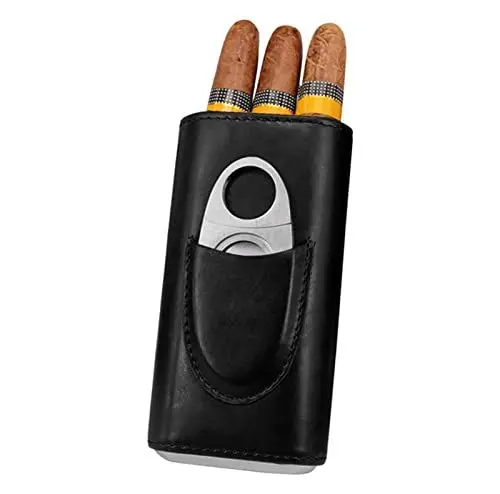 Produktbild: Zigarrenetui, 3 Zigarren Humidor Zedernholz gefüttert Leder Zigarren Etuis mit Edelstahl Zigarrenschneider, 16 x 7,5 x 3,5 cm(Schwarz)