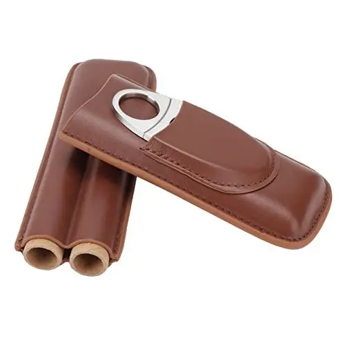 Produktbild: Zigarrenetui, Portable 2 Fingers Leder Zigarre Reiseetui mit Zigarrenschneider Adopt elastische gebürstetem Boden Stoff, Manuelles Nähen Kleines Zigarrenetui für Männer für die Reise