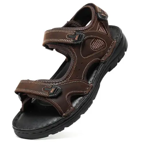Produktbild: ziitop Sandalen Herren Leder Sandalen Outdoor Strand Trekkingsandalen Sommer Männer rutschfeste Leichte Trekkingschuhe Verstellbare mit Klettverschluss Beach Sandalen Dunkelbraun