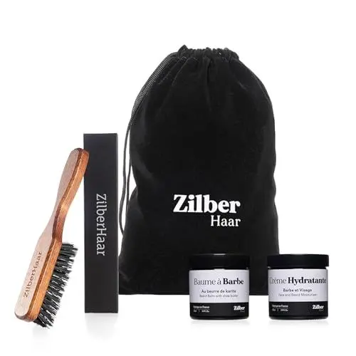 Produktbild: ZilberHaar - Bartpflege-Set für Männer - 1 Bartbürste Regular + 1 Bartbalsam + 1 Feuchtigkeitscreme - Harte Wildschweinborsten - Samtbeutel