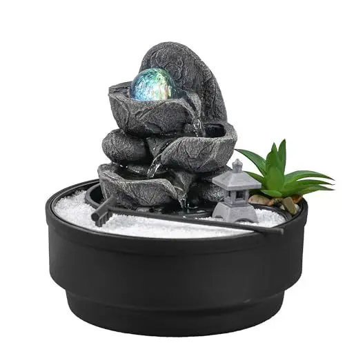 Produktbild: Zimmerbrunnen für den Garten, Zen, Glaskugel, drehbar, Bunte LED, Dekoration, entspannende Atmosphäre, Garten, Zen, weißer Sand, Tischbrunnen, geschlossener Kreislauf, H21 cm – Bogota Zen'Light