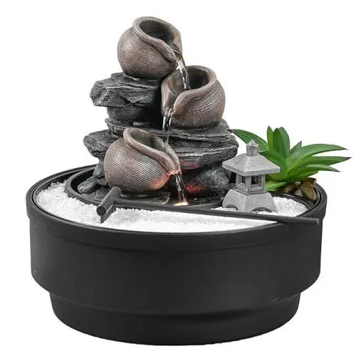 Produktbild: Zimmerbrunnen für den Garten, Zen, Wasserfall, Glas, buntes LED-Licht, Dekoration für entspannte Atmosphäre, Garten, Zen weißer Sand, Tischbrunnen, geschlossener Kreislauf, H21 cm – Oasis Zen'Light