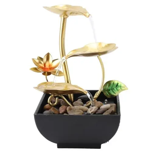Produktbild: Zimmerwasserbrunnen, 3-stufiger Goldener Lotusblatt-Entspannungsbrunnen mit Licht, Tischwasserbrunnen für den Innenbereich, Entspannungswasserbrunnen für Büro und Wohnzimmer