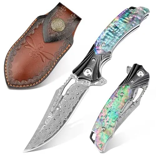 Produktbild: Zingbee Damast Taschenmesser, Hochwertig VG10 Damaststahl Klinge, EDC Einhandmesser Damastmesser Klappmesser für Wandern Camping Sammeln Jagd, Liner Lock, Abalone-Muschel Griff