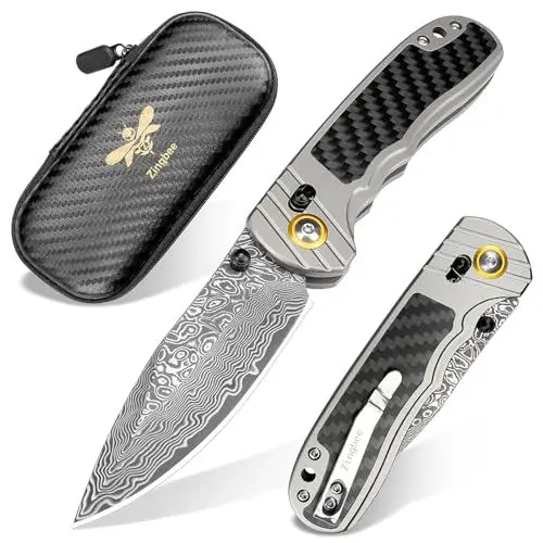 Produktbild: Zingbee Damast Taschenmesser Klappmesser, EDC Messer mit Damaststahl, Axis Lock, Hochwertiger Kohlefaser Griff mit Gürtelclip, Ideal als Geschenk Sammeln