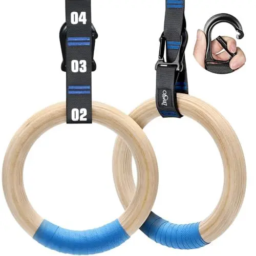Produktbild: Zingtto Hölzerne Turnringe mit verstellbaren nummerierten Riemen. 1,25 '' Olympische Ringe für Bauchmuskeltraining, Körpergewichtstraining. Heim-Fitnessringe mit 8,5-Fuß-Übungsgurten