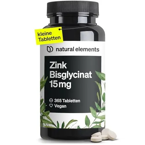 Produktbild: Zink 15mg – 365 Tabletten – gut verträgliches Zinkbisglycinat (Zink-Chelat) – vegan, hochdosiert, ohne unnötige Zusätze – in Deutschland produziert & laborgeprüft