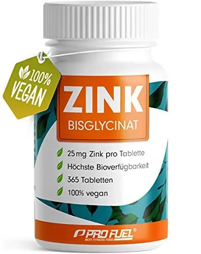 Produktbild: Zink 25mg - 365 Tabletten (vegan) mit Zink-Bisglycinat (Zink-Chelat) für höchste Bioverfügbarkeit - laborgeprüft mit Zertifikat - optimal hochdosiert - 1 Jahresvorrat - ProFuel