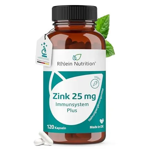 Produktbild: Zink Hochdosiert 25 mg – 120 Zink Kapseln Hochdosiert für 4 Monate Versorgung – Zinkbisglycinat – Vegan & Laborgeprüftin Deutschland – Rhein Nutrition