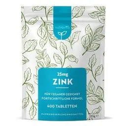 Produktbild: Zink Tabletten 25mg - 400 Vegane Tabletten - Zink Hochdosiert, Ohne Unnötige Zusatzstoffe - Für die Aufrechterhaltung Eines Normalen Immunsystems, Kognitive Funktion, Knochen, Haare & Haut - Nutravita