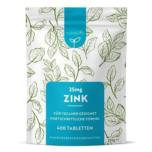 Produktbild: Zink Tabletten 25mg - 400 Vegane Tabletten - Zink Hochdosiert, Ohne Unnötige Zusatzstoffe - Für die Aufrechterhaltung Eines Normalen Immunsystems, Kognitive Funktion, Knochen, Haare & Haut - Nutravita