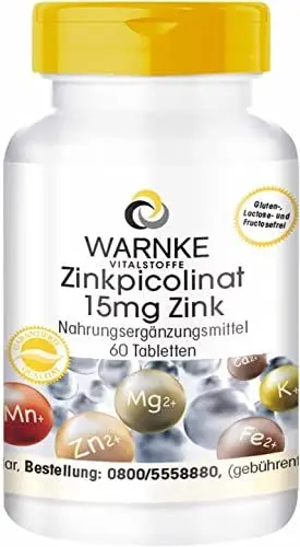 Produktbild: Zink Tabletten - 15mg Zink pro Tablette - 60 Tabletten - hochdosiert & vegan - aus Zinkpicolinat | Warnke Vitalstoffe - Deutsche Apothekenqualität