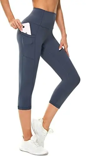 Produktbild: Zinmore Damen High Waist Caprihose Sporthose Tights Yoga Leggings Übung Fitness Workout Leggings mit Handytaschen Steel Gray XS