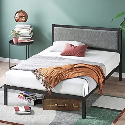 Produktbild: Zinus Korey Bett 100x200 cm - Höhe 36 cm mit Stauraum unter dem Bett - Metall Plattform Bettgestell mit gepolstertem Kopfteil - Schwarz und Grau