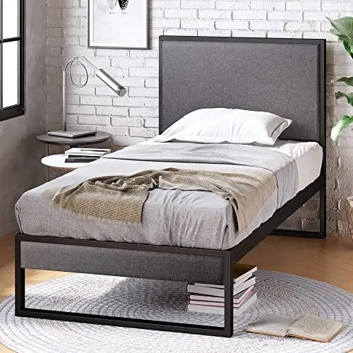 Produktbild: Zinus Christina Bett 90x200 cm - Höhe 36cm mit Stauraum unter dem Bett - Metall Plattform Bettgestell mit gepolstertem Kopfteil - Schwarz und Grau