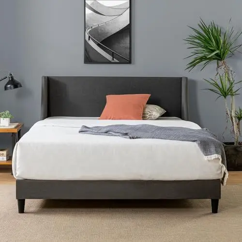 Produktbild: Zinus Evelyn Bett 180x200 cm - Höhe 25 cm - Gepolstertes Bettgestell mit breitem Wingback-Kopfteil - Dunkelgrau