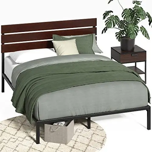 Produktbild: Zinus Figari Bett 180x200 cm - Höhe 31cm mit Stauraum unter dem Bett - Nachhaltiger Bambus- und Metall-Plattformbettrahmen mit Lattenkopfteil - Braun und Schwarz