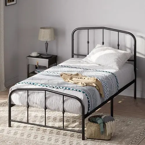 Produktbild: Zinus Heidi Bett 90x200 cm - Höhe 31cm mit Stauraum unter dem Bett - Metall Plattform Bettgestell mit Kopfteil und Fußteil - Schwarz