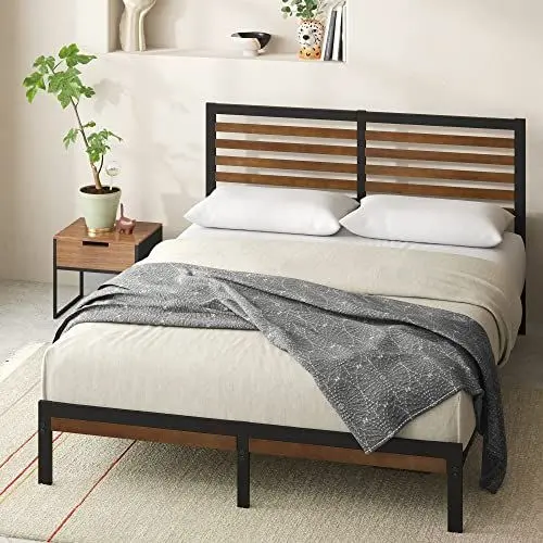 Produktbild: Zinus Kai Bett 180x200 cm - Höhe 23cm - Bambus und Metall Plattform Bettgestell mit Kopfteil und Stahl Lattenrost - Braun und Schwarz