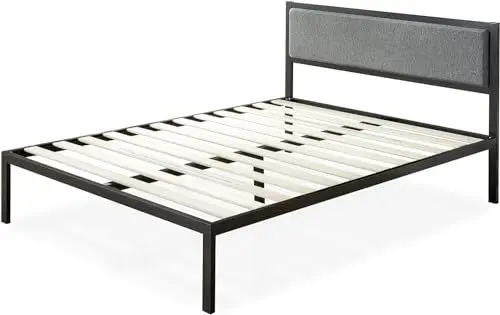 Produktbild: Zinus Korey Bett 140x200 cm - Höhe 36 cm mit Stauraum unter dem Bett - Metall Plattform Bettgestell mit gepolstertem Kopfteil - Schwarz und Grau