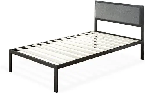 Produktbild: Zinus Korey Bett 90x200 cm - Höhe 36 cm mit Stauraum unter dem Bett - Metall Plattform Bettgestell mit gepolstertem Kopfteil - Schwarz und Grau