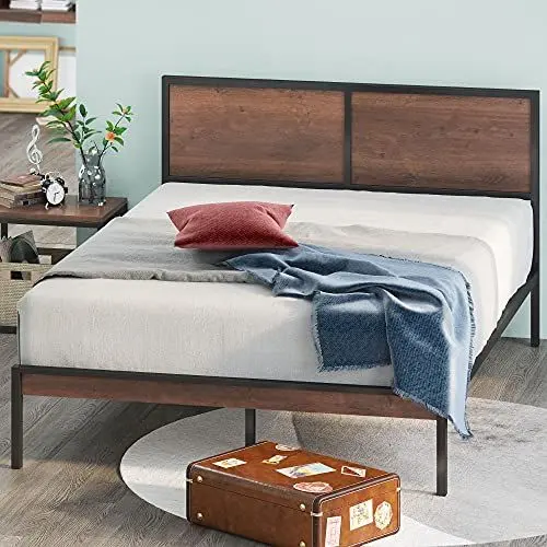 Produktbild: Zinus Mory Bett 140x200 cm - Höhe 30 cm - Metall und Holz Plattform Bettgestell mit geteiltem Kopfteil und Holzlattenrost - Braun