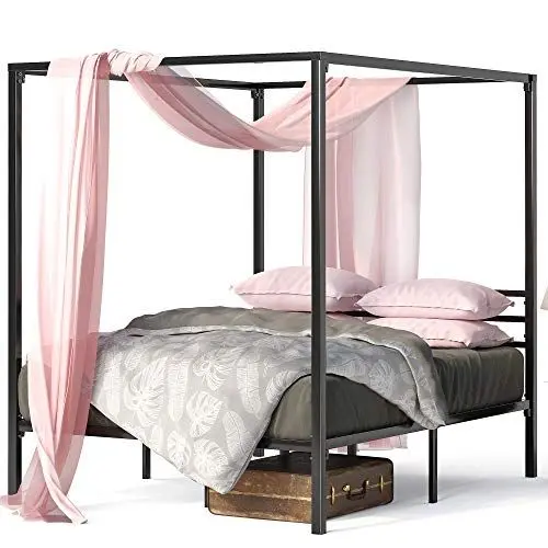 Produktbild: Zinus Patricia Bett 140x200 cm - Höhe 36 cm mit Stauraum unter dem Bett - Metall-Himmelbettgestell mit Stahl-Lattenrost - Schwarz