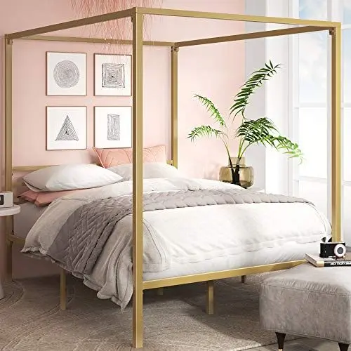 Produktbild: Zinus Patricia Bett 180x200 cm - Höhe 36 cm mit Stauraum unter dem Bett - Metall-Himmelbettgestell mit Stahl-Lattenrost - Gold