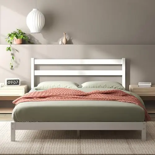 Produktbild: Zinus Robin Bett 140x200 cm - Höhe 20cm - Nachhaltiger Bambus Plattform Bettrahmen mit Kopfteil - Weiß